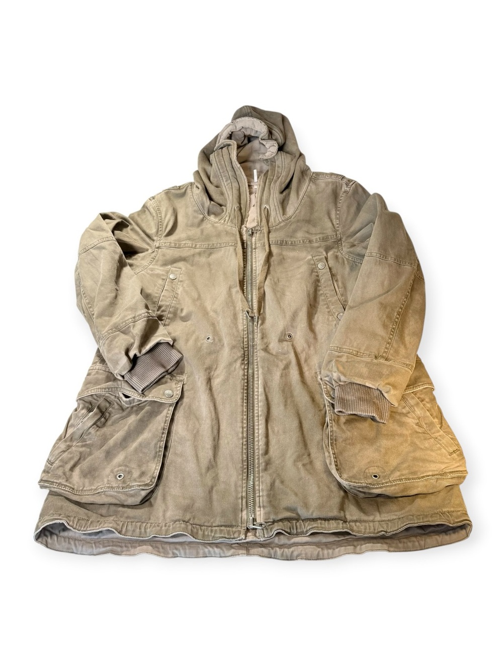 Free People Raw Edge Hooded Utility Anorak Parka Jacket - Olive Green (Size L)